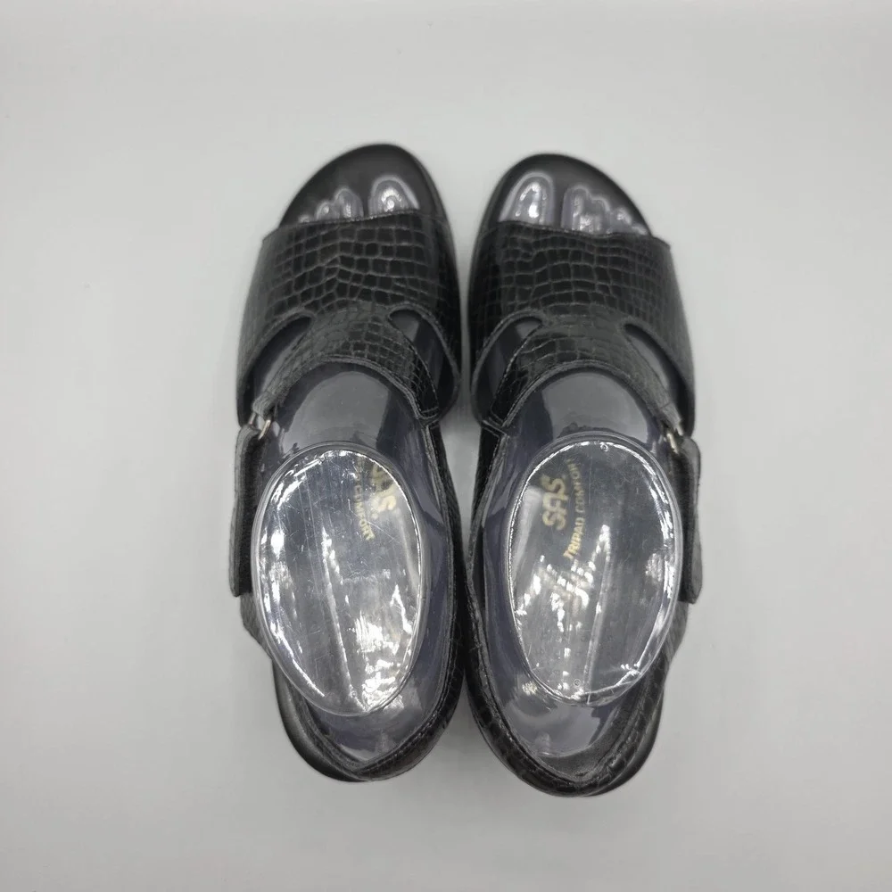 SAS Suntimer Sandals Womens 8.5 Black Patent Leather Croc Embossed Comfort Shoes